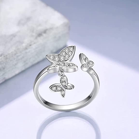 Butterfly - Adjustable Sterling Silver Cz Ring